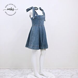NWOT Sky to Moon Tie Strap Denim Boho Festival Retro Mini Dress Blue L